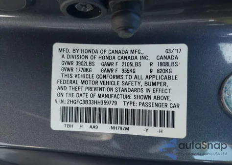 2017 Honda Civic Ex-T z USA, uszkodzony, nr VIN 2HGFC3B33HH359779